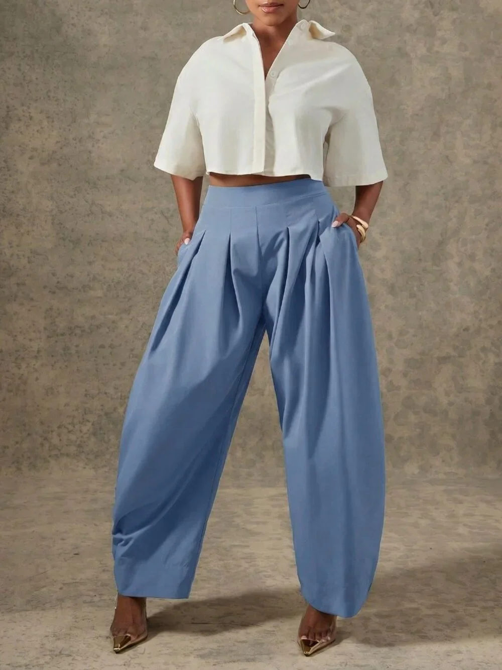 Dusty Blue Casual Women's High Waist Pleated Detail Barrel Leg Office Pants